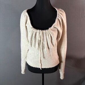 Tach Clothing Beige Knit Square Neck Cinched Tie Alpaca‎ Long Sleeve Sweater L